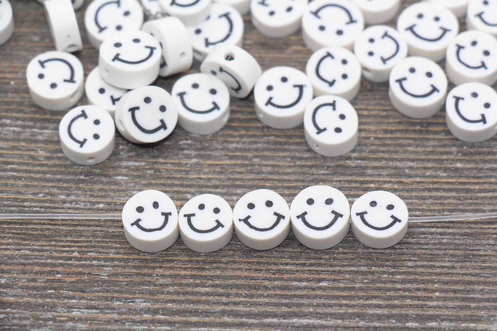 White Smiley Face Polymer Clay Beads, Smiley Face Fimo Cane Beads, Happy Face Emoji Beads, Bead for Bracelet, Beading Supplies #232