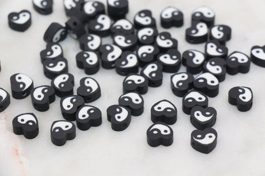 Yin Yang Polymer Clay Beads, Black Yin-Yang Heart Shape Beads, Yin Yang Clay Beads, Jewelry Beads, Beads for Bracelet #256