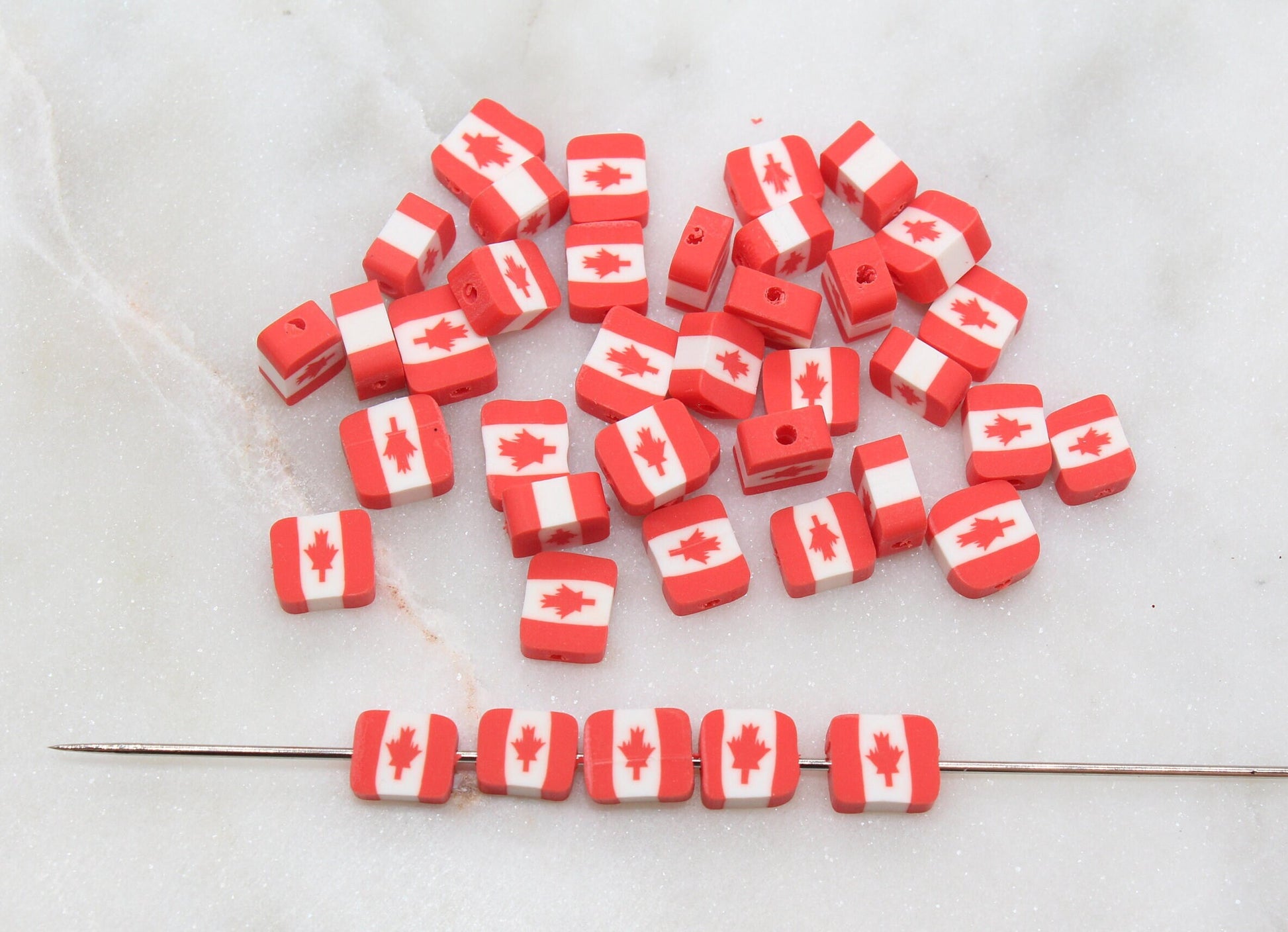 Canada Flag Clay Beads, Canadian Flag Polymer Clay Beads, Maple Leaf Canadian Flag Beads, Bead for Bracelet, Jewelry Beads #285