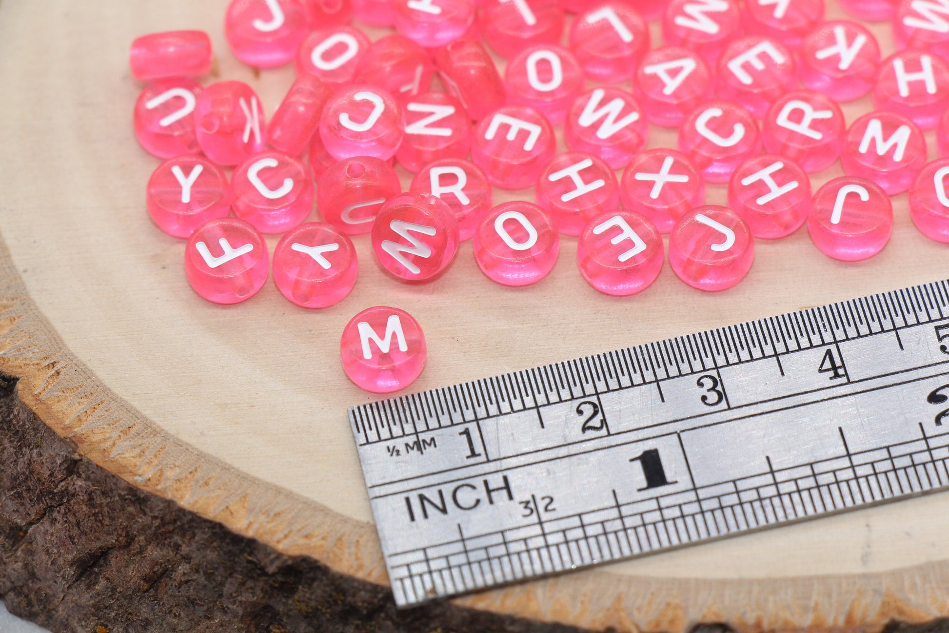 Pink Alphabet Letter Beads, Pink Transparent Beads with White Letters, Assorted Round Letter Beads, Name Initial Beads, Size 7mm #355