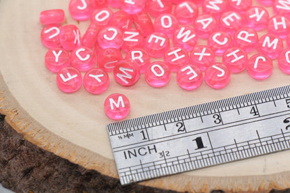 Pink Alphabet Letter Beads, Pink Transparent Beads with White Letters, Assorted Round Letter Beads, Name Initial Beads, Size 7mm #355