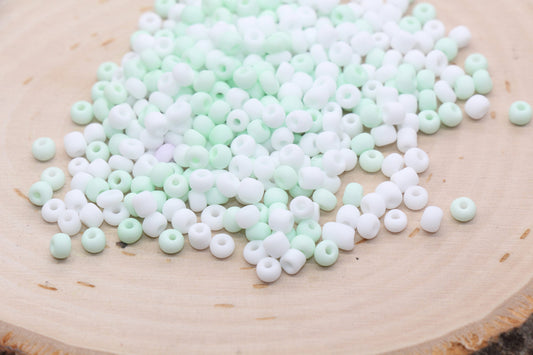 Matte Glass Seed Beads, 4mm 6/0 Glass Round Seed Beads, Mint and White Mix Seed Beads, Frosted Mix Rocailles Beads, Beading Supplies #2666