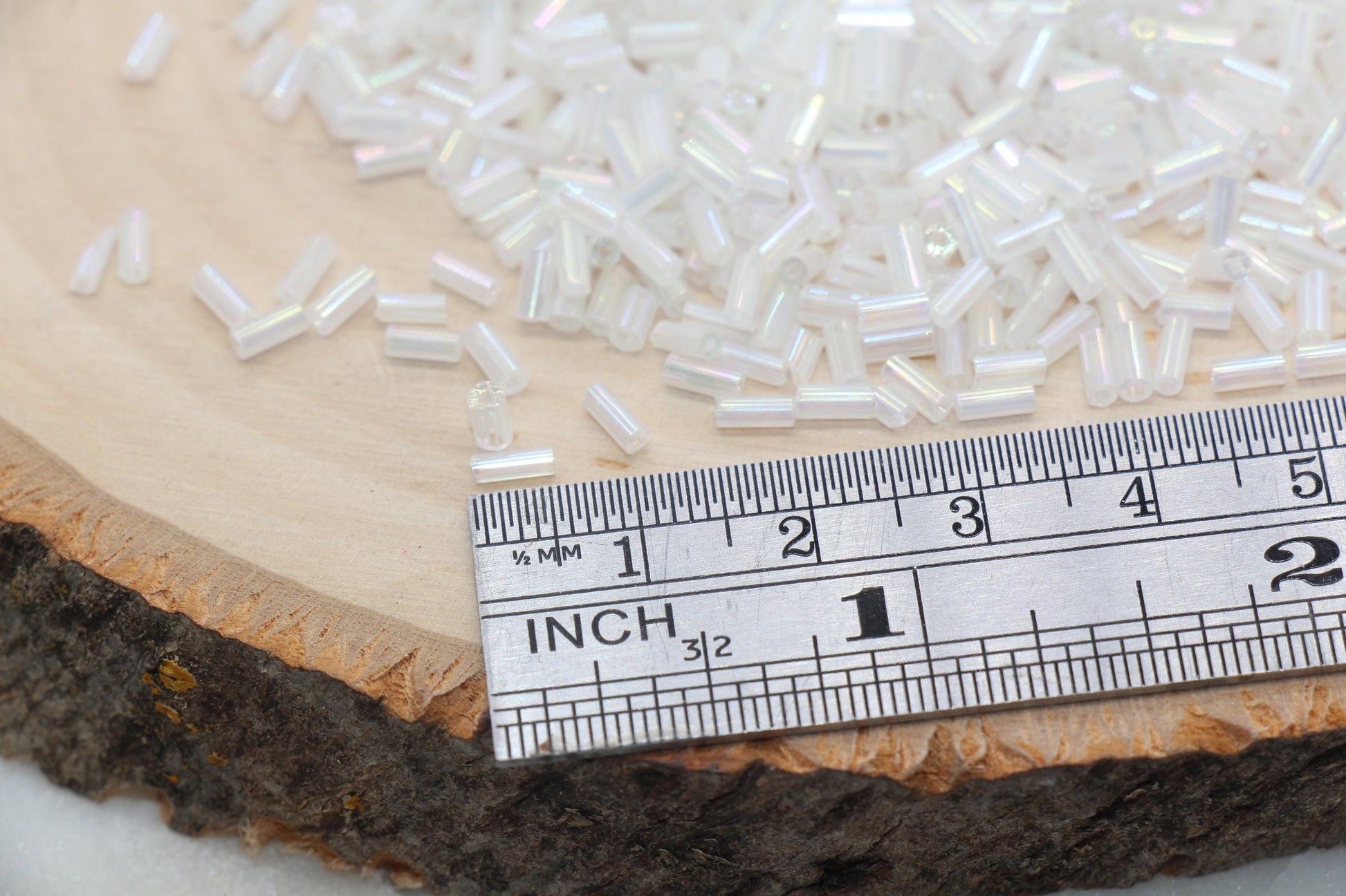 Tube Shape Glass Seed Beads, White AB Tube Bugle Beads, Iridescent Tube Glass Beads, Size 4mm Beading Supplies #2762