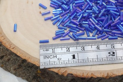 Tube Shape Glass Seed Beads, Blue AB Tube Bugle Beads, Iridescent Tube Glass Beads, Size 6mm Beading Supplies #2766