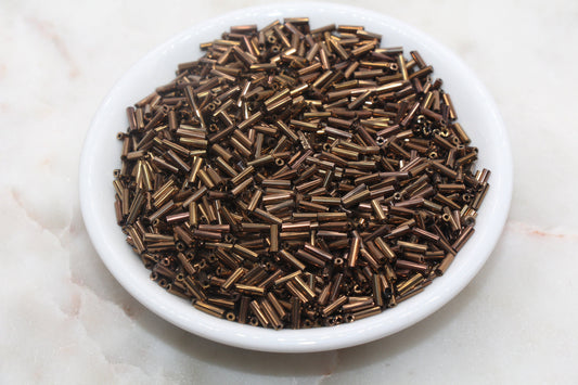 Tube Shape Glass Seed Beads, Metallic Dark Copper Tube Bugle Beads, Size 6mm Beading Supplies #2770