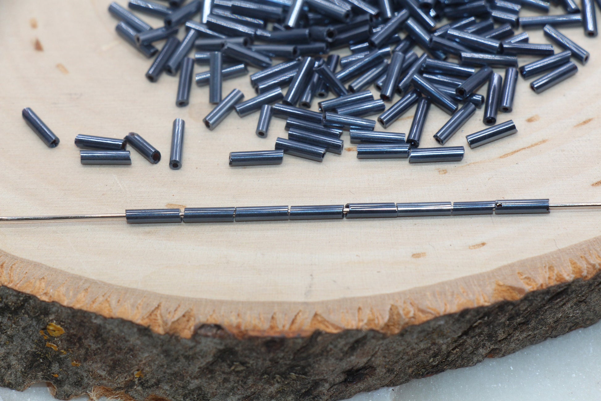 Tube Shape Glass Seed Beads, Metallic Blue Tube Bugle Beads, Size 6mm Beading Supplies #2773