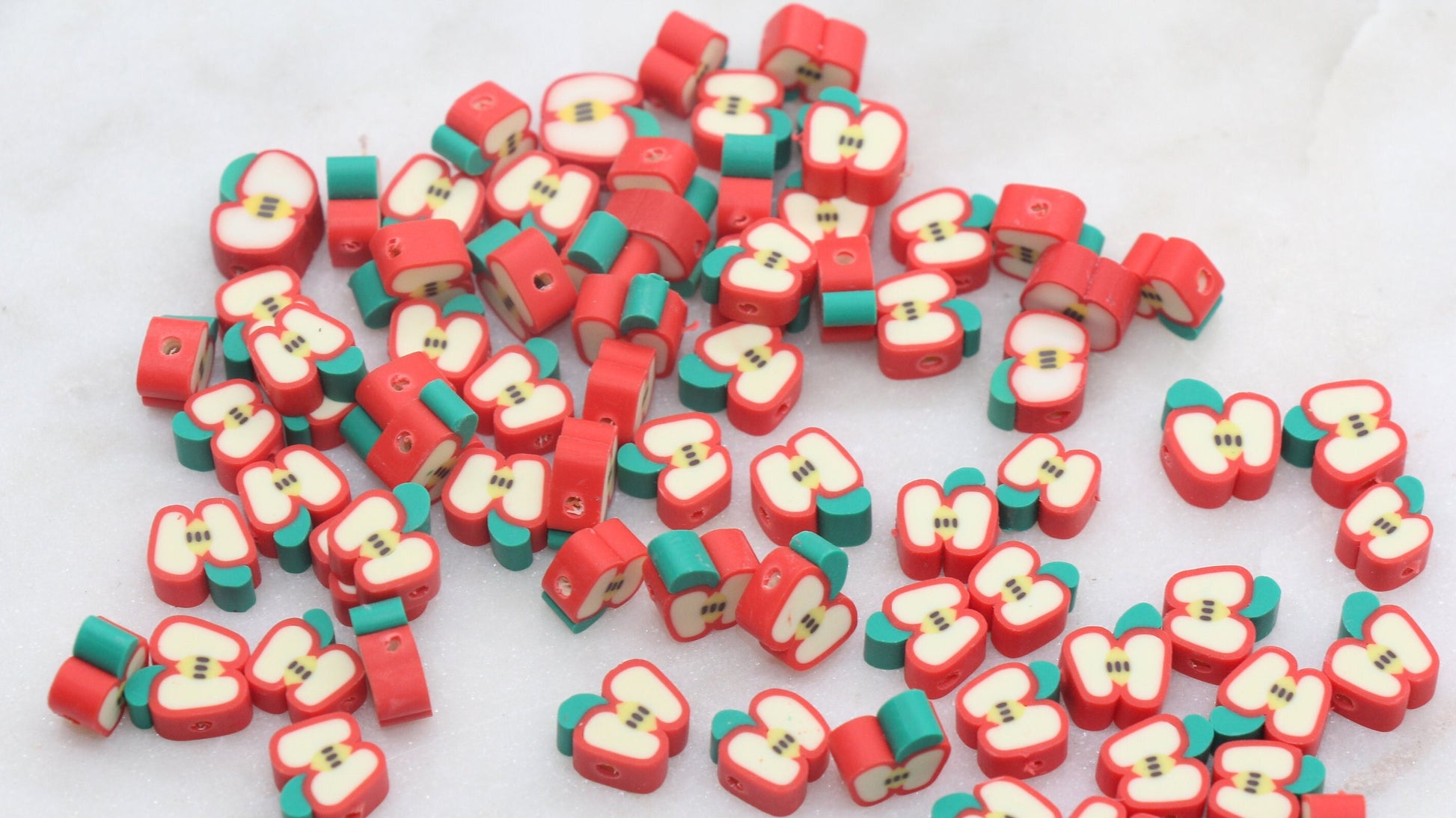 Apple Polymer Clay Beads, Fruit Cane Beads, Red Apple Clay Beads, Sliced Apple Beads, Jewelry Beads, Bracelet Beads #34