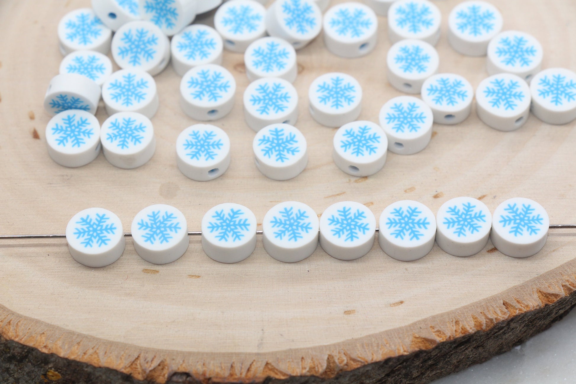Blue Snowflake Polymer Clay Beads, Round Snow Clay Beads, Winter Themed Clay Beads, Jewelry Beads #156