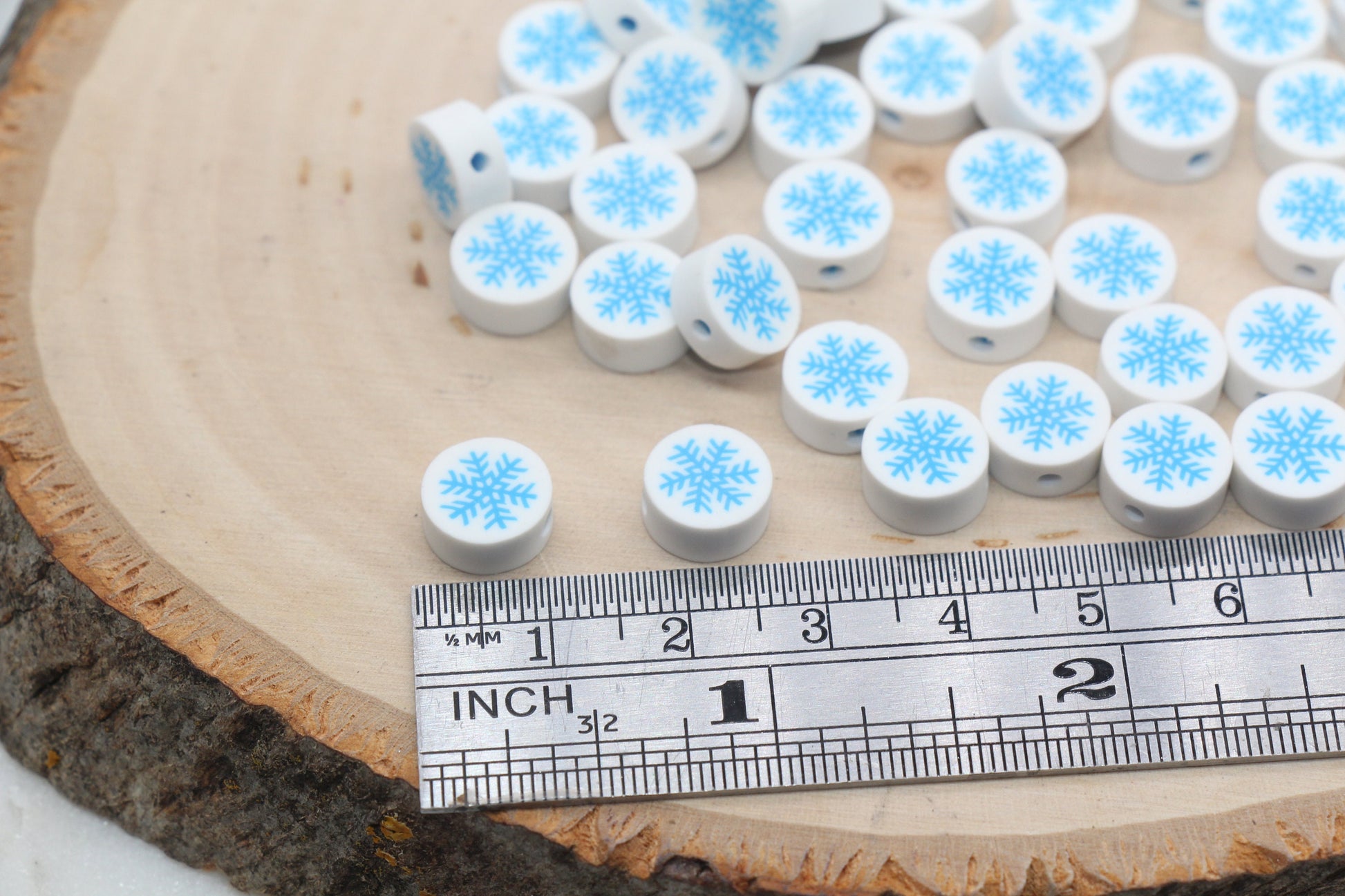 Blue Snowflake Polymer Clay Beads, Round Snow Clay Beads, Winter Themed Clay Beads, Jewelry Beads #156