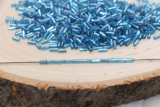 Tube Shape Glass Seed Beads, Blue Tube with Silver Lined Bugle Beads, Size 4mm Beading Supplies #2750