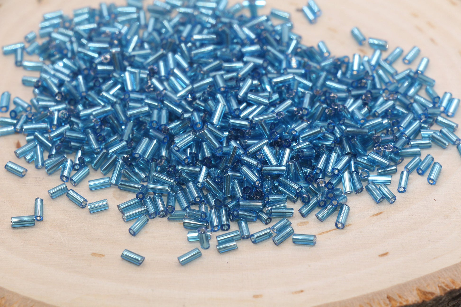 Tube Shape Glass Seed Beads, Blue Tube with Silver Lined Bugle Beads, Size 4mm Beading Supplies #2750
