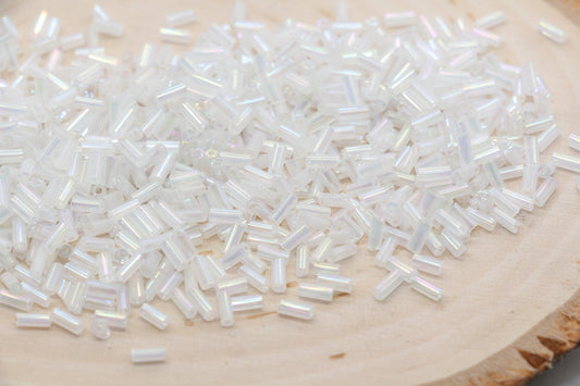 Tube Shape Glass Seed Beads, White AB Tube Bugle Beads, Iridescent Tube Glass Beads, Size 4mm Beading Supplies #2762