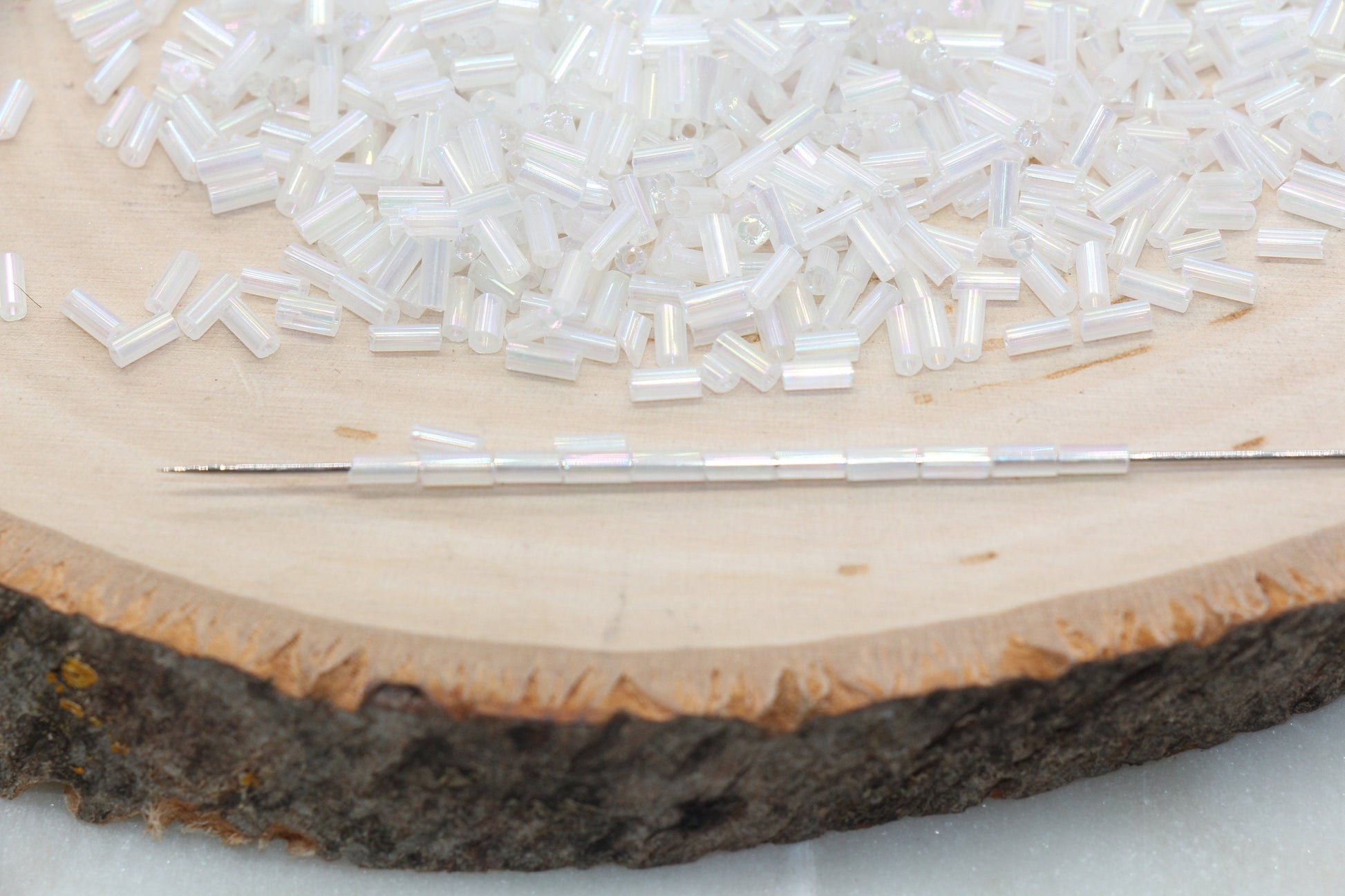 Tube Shape Glass Seed Beads, White AB Tube Bugle Beads, Iridescent Tube Glass Beads, Size 4mm Beading Supplies #2762