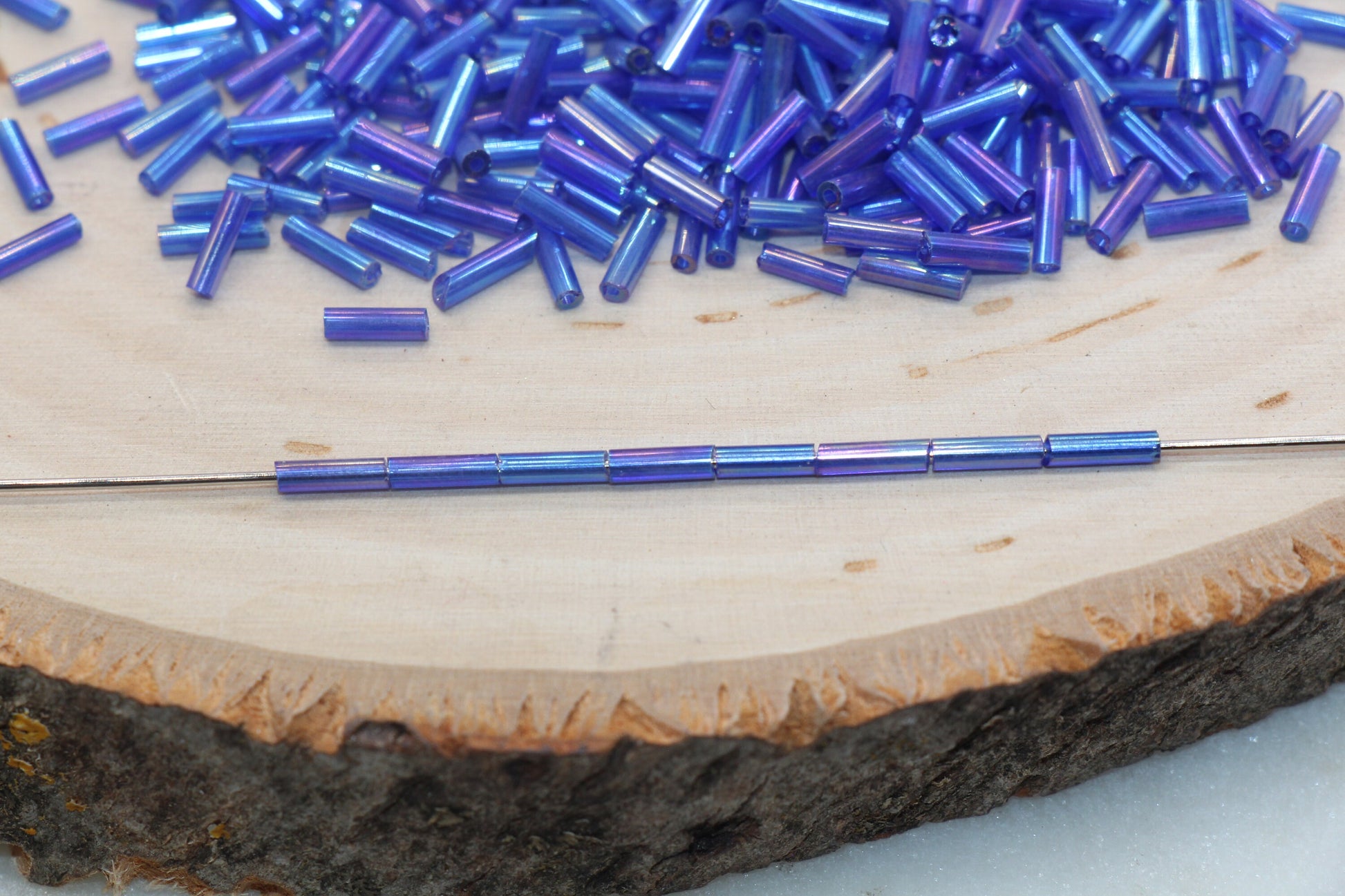 Tube Shape Glass Seed Beads, Blue AB Tube Bugle Beads, Iridescent Tube Glass Beads, Size 6mm Beading Supplies #2766