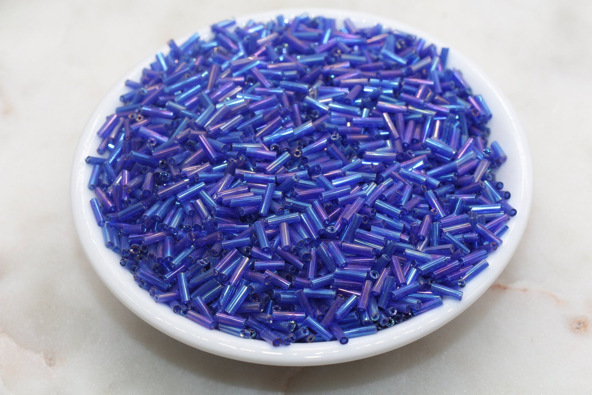 Tube Shape Glass Seed Beads, Blue AB Tube Bugle Beads, Iridescent Tube Glass Beads, Size 6mm Beading Supplies #2766
