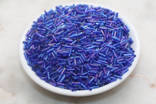 Tube Shape Glass Seed Beads, Blue AB Tube Bugle Beads, Iridescent Tube Glass Beads, Size 6mm Beading Supplies #2766