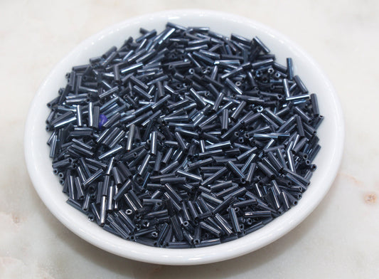 Tube Shape Glass Seed Beads, Metallic Blue Tube Bugle Beads, Size 6mm Beading Supplies #2773