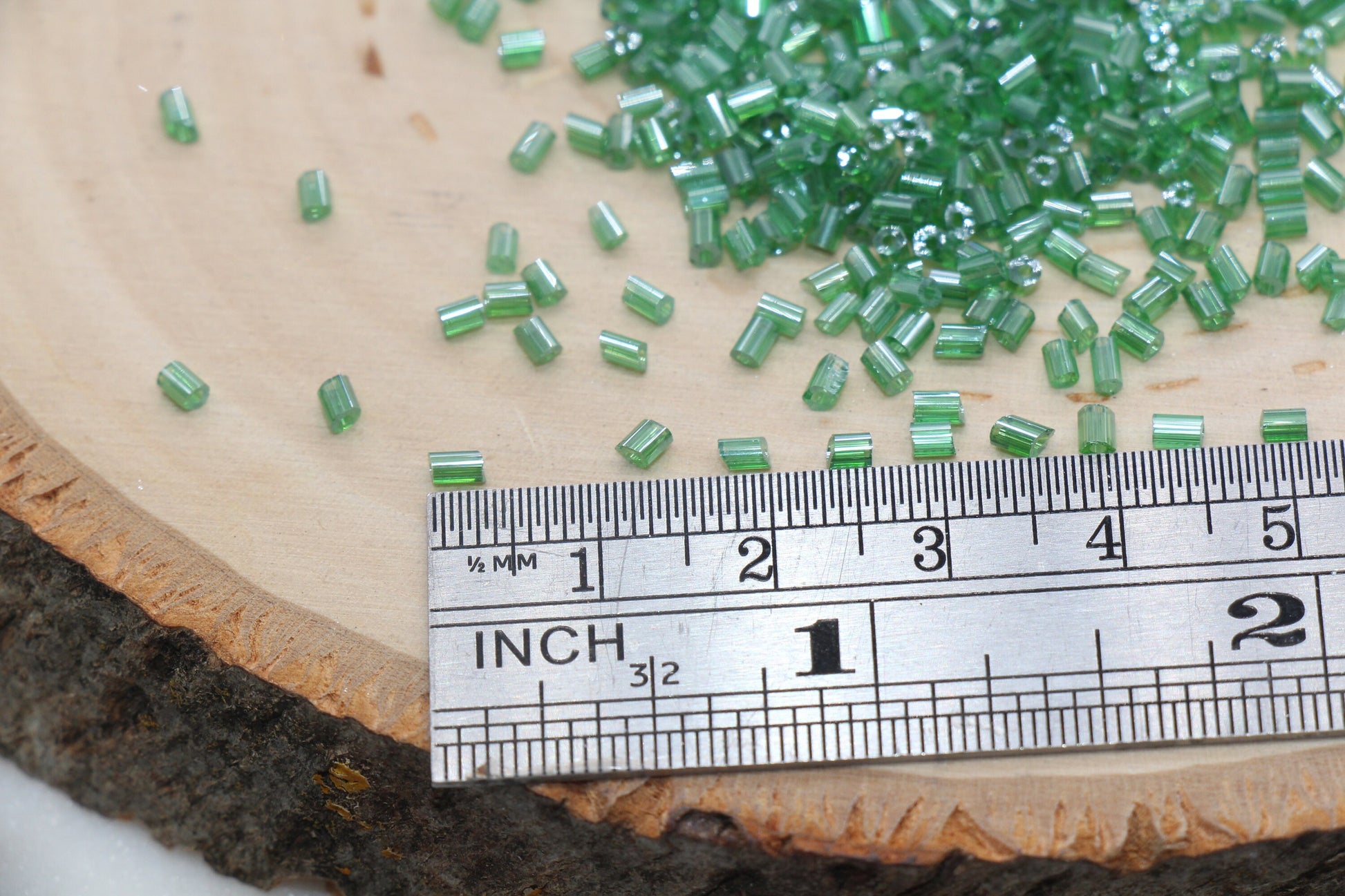 Tube Shape Glass Seed Beads, Glossy Green Tube Bugle Beads, Size 2mm Beading Supplies #2801
