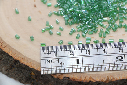 Tube Shape Glass Seed Beads, Glossy Green Tube Bugle Beads, Size 2mm Beading Supplies #2801