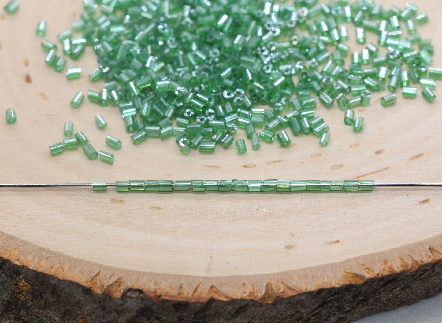 Tube Shape Glass Seed Beads, Glossy Green Tube Bugle Beads, Size 2mm Beading Supplies #2801