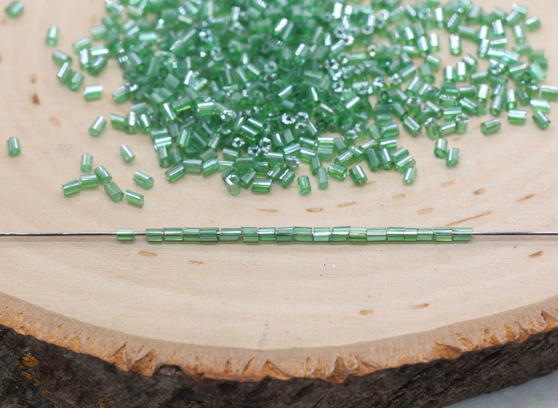 Tube Shape Glass Seed Beads, Glossy Green Tube Bugle Beads, Size 2mm Beading Supplies #2801