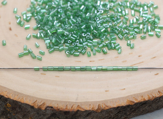 Tube Shape Glass Seed Beads, Glossy Green Tube Bugle Beads, Size 2mm Beading Supplies #2801