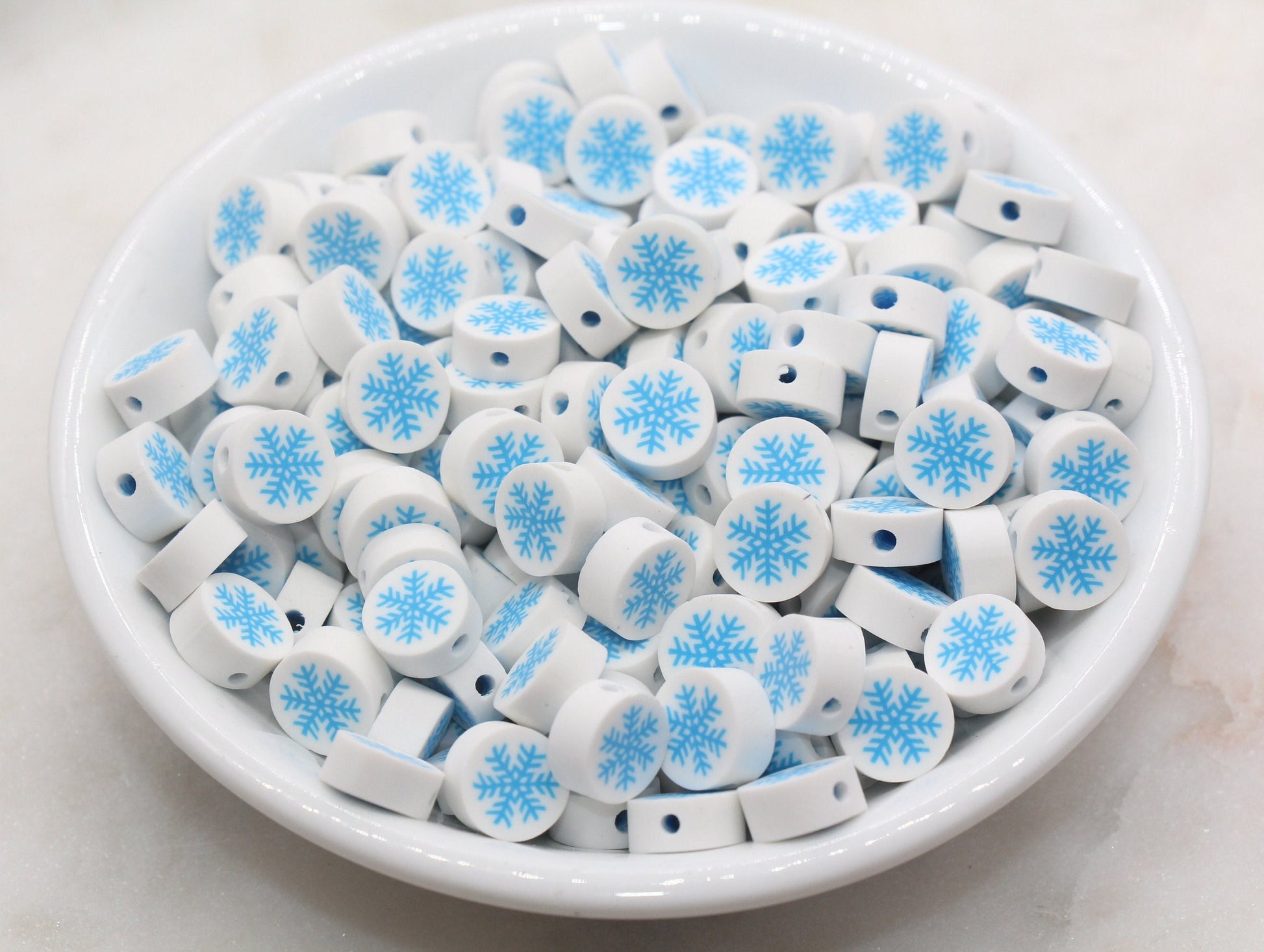 Blue Snowflake Polymer Clay Beads, Round Snow Clay Beads, Winter Themed Clay Beads, Jewelry Beads #156