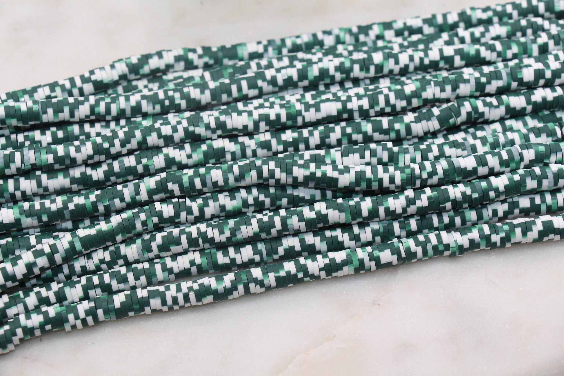 6mm Green Speckled Heishi Beads, Green and White Polymer Clay Disc Beads, African Disc Beads, Vinyl Heishi, 16 inch Strand #327