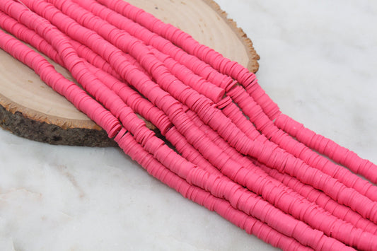8mm Punch Pink Heishi Beads, Pink Polymer Clay Disc Beads, African Disc Beads, Vinyl Heishi, 16 inch Strand #420