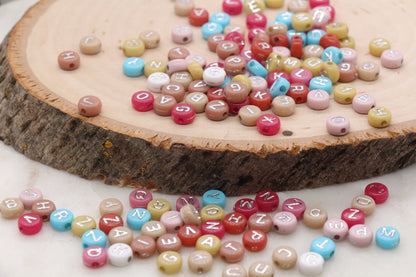 Multicolor Round Silver Alphabet Letter Beads, Mix Beads with Silver Lettering, Round Name Beads, Size 7mm #2887