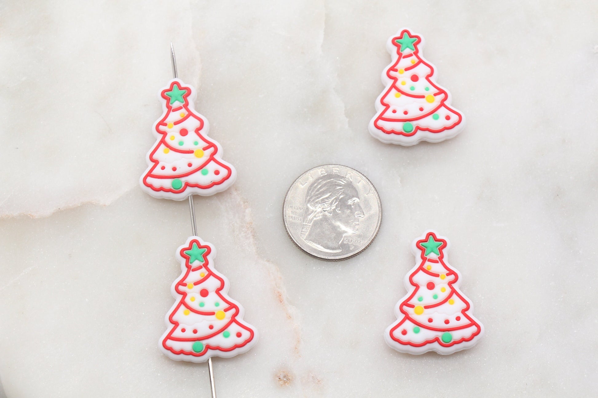 White Christmas Tree Silicone Beads, Decorated Tree Silicone Beads, Christmas Chunky Beads, Silicone Loose Beads, Christmas Focal Beads #376