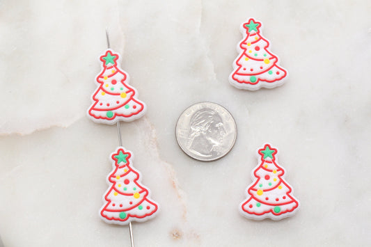 White Christmas Tree Silicone Beads, Decorated Tree Silicone Beads, Christmas Chunky Beads, Silicone Loose Beads, Christmas Focal Beads #376