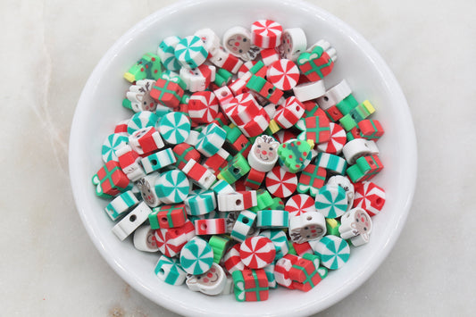 Assort Christmas Clay Beads, Holiday Themed Clay Beads, Christmas Santa Reindeer Peppermint Gift Mix Polymer Clay Beads, Clay Beads #383
