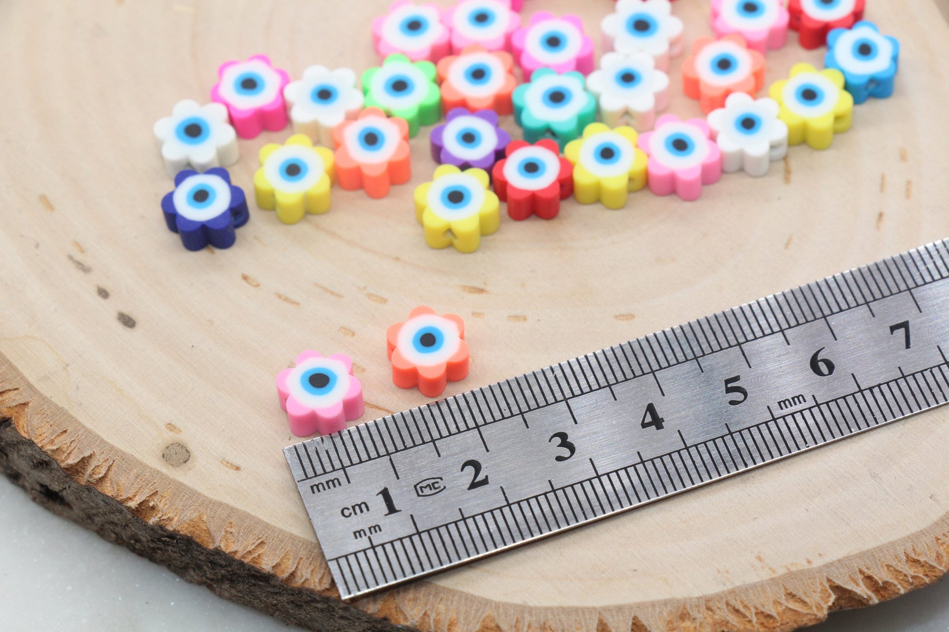 Flower Shape Evil Eye Polymer Clay Beads, Multicolored Evil Eye Fimo Cane Beads, Assorted Evil Eye Beads, Rainbow Evil Eye Slice Beads #393