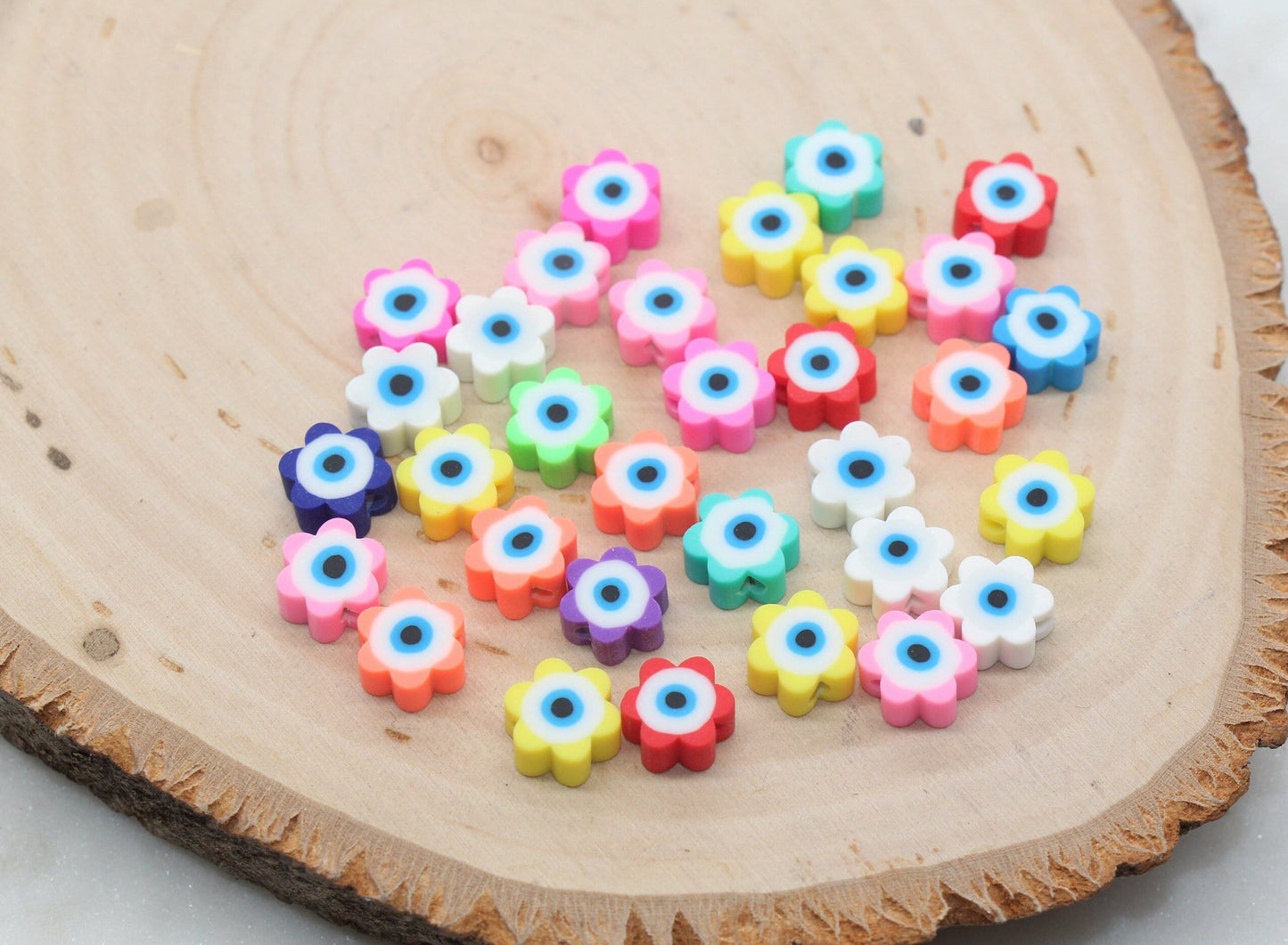 Flower Shape Evil Eye Polymer Clay Beads, Multicolored Evil Eye Fimo Cane Beads, Assorted Evil Eye Beads, Rainbow Evil Eye Slice Beads #393