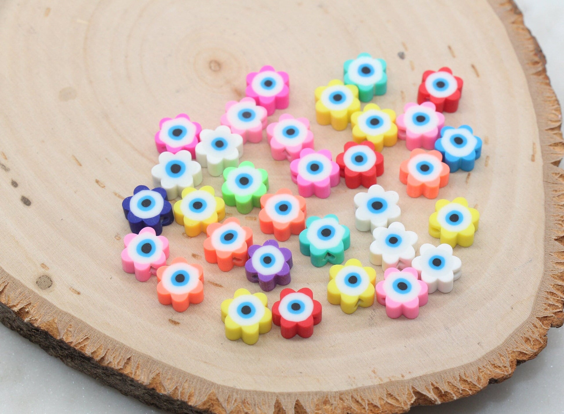 Flower Shape Evil Eye Polymer Clay Beads, Multicolored Evil Eye Fimo Cane Beads, Assorted Evil Eye Beads, Rainbow Evil Eye Slice Beads #393