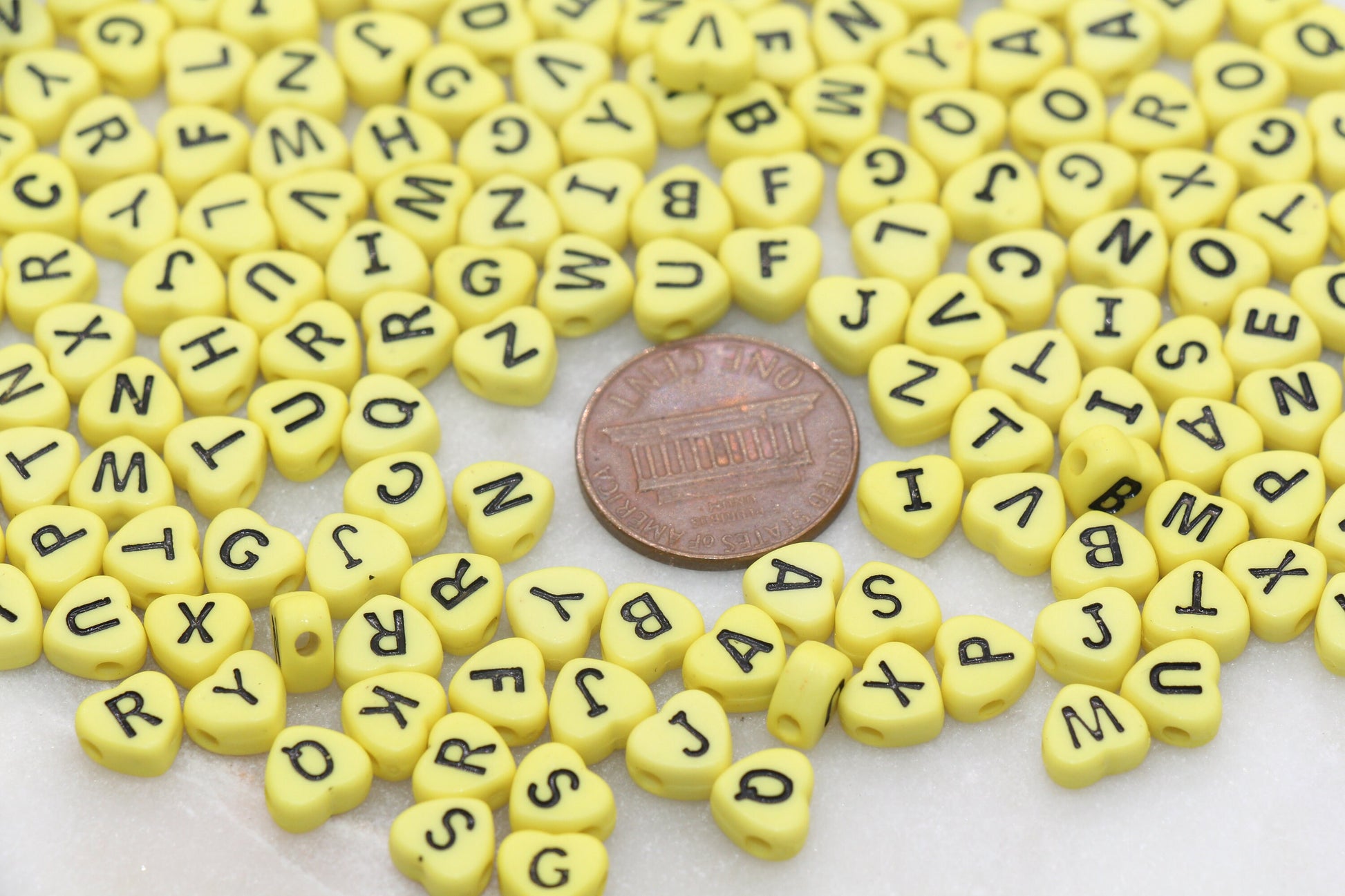 Yellow Heart Letter Beads, Acrylic Yellow Beads with Black Hearts, Heart Shape Alphabet Beads, Name Bracelet Beads, Word Beads, 7mm #2897