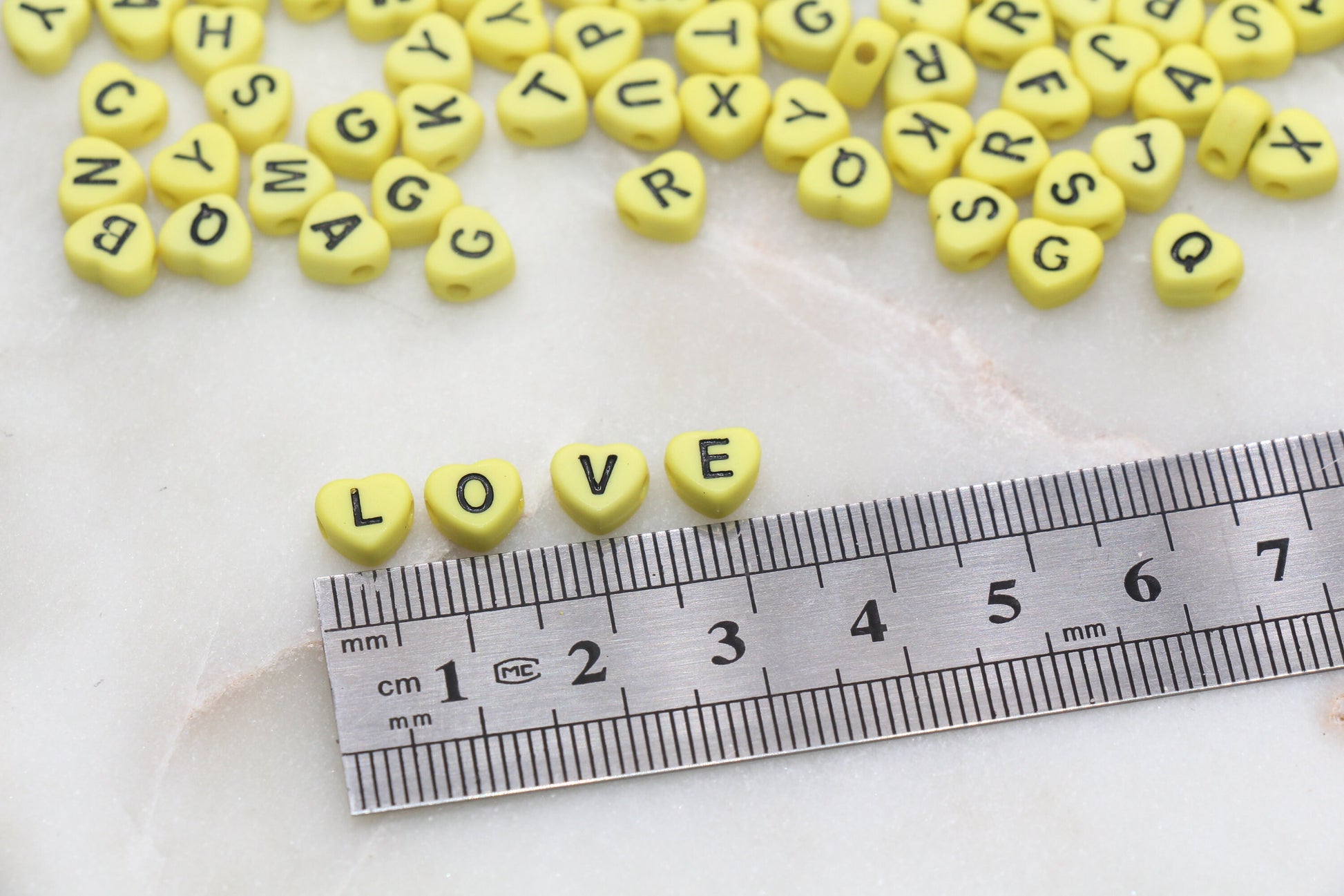 Yellow Heart Letter Beads, Acrylic Yellow Beads with Black Hearts, Heart Shape Alphabet Beads, Name Bracelet Beads, Word Beads, 7mm #2897