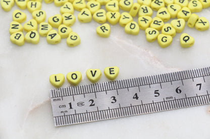Yellow Heart Letter Beads, Acrylic Yellow Beads with Black Hearts, Heart Shape Alphabet Beads, Name Bracelet Beads, Word Beads, 7mm #2897
