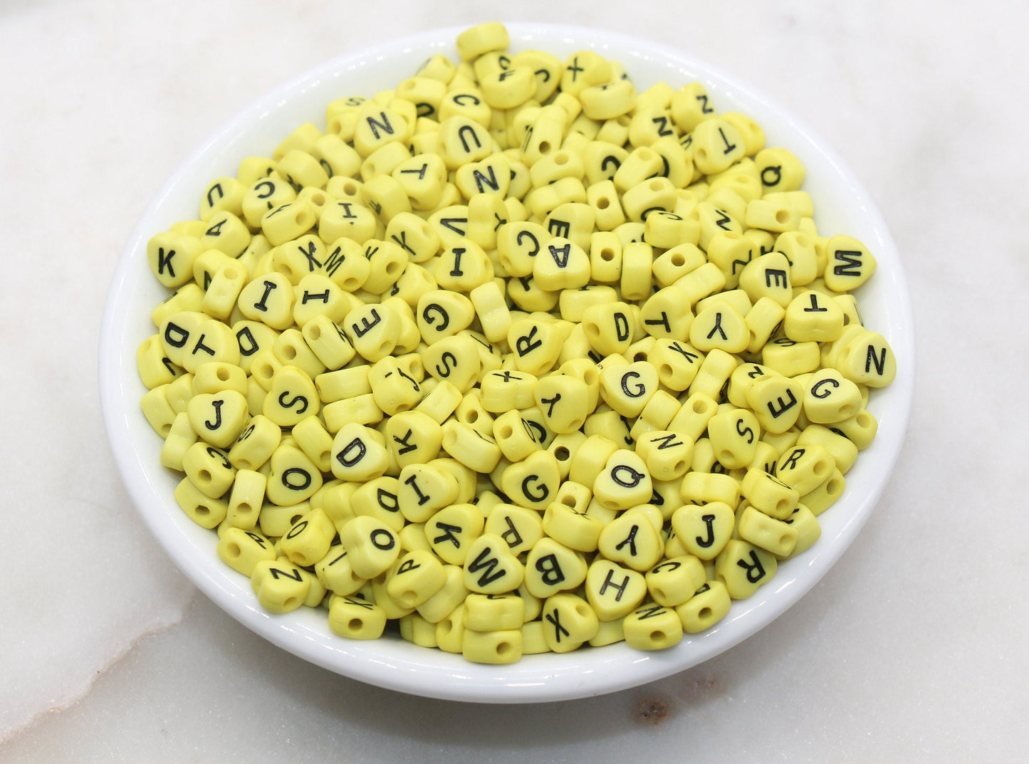 Yellow Heart Letter Beads, Acrylic Yellow Beads with Black Hearts, Heart Shape Alphabet Beads, Name Bracelet Beads, Word Beads, 7mm #2897
