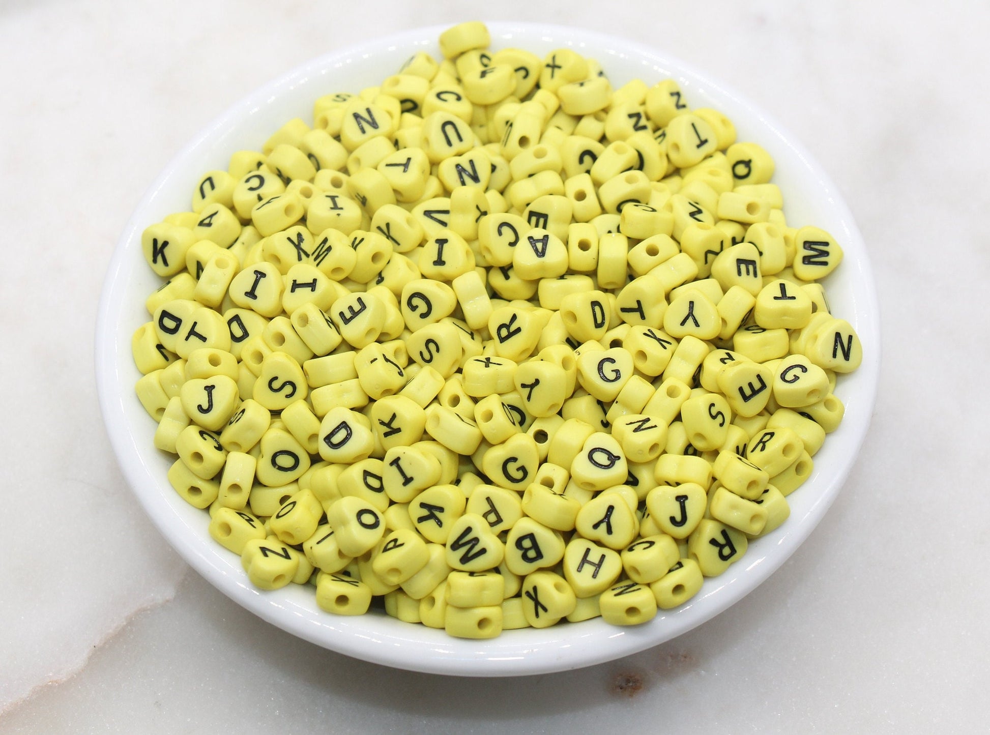 Yellow Heart Letter Beads, Acrylic Yellow Beads with Black Hearts, Heart Shape Alphabet Beads, Name Bracelet Beads, Word Beads, 7mm #2897