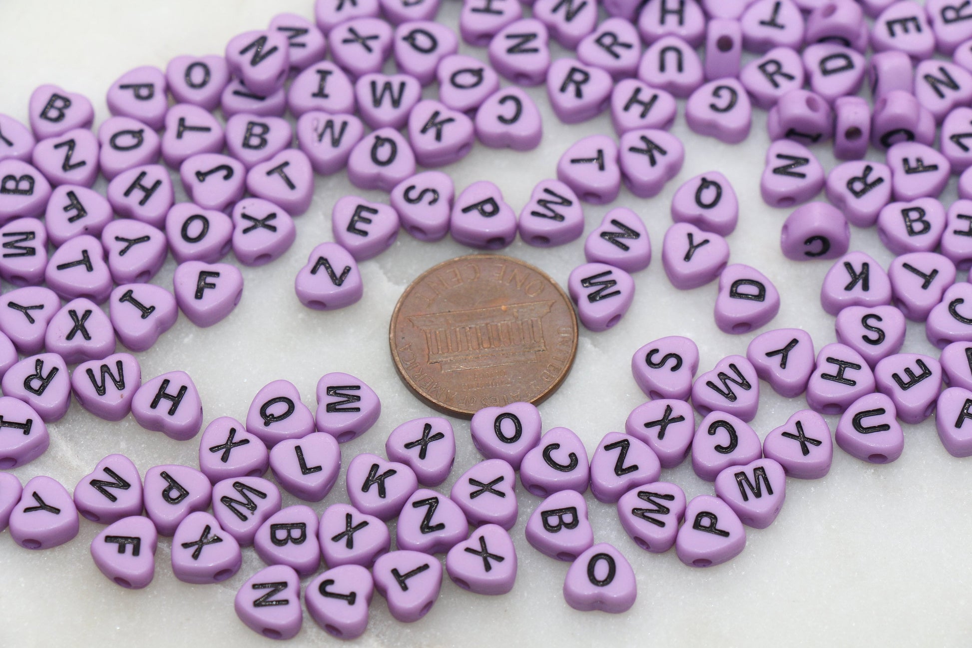Lavender Heart Letter Beads, Acrylic Lavender Beads with Black Hearts, Heart Shape Alphabet Beads, Name Bracelet Beads, Word Beads, 7mm#2898