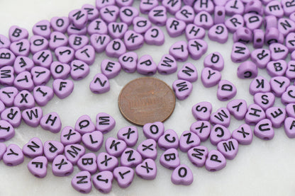 Lavender Heart Letter Beads, Acrylic Lavender Beads with Black Hearts, Heart Shape Alphabet Beads, Name Bracelet Beads, Word Beads, 7mm#2898