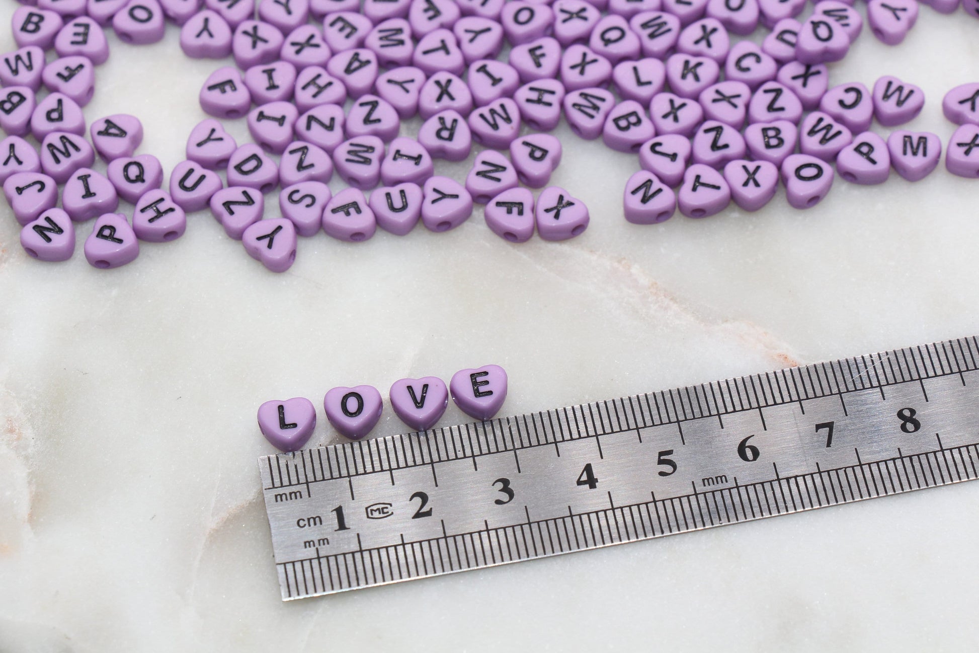 Lavender Heart Letter Beads, Acrylic Lavender Beads with Black Hearts, Heart Shape Alphabet Beads, Name Bracelet Beads, Word Beads, 7mm#2898