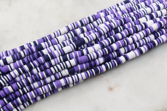 6mm Multicolor Heishi Beads, Purple White and Black Mix Polymer Clay Disc Beads, African Disc Beads, Vinyl Heishi, Full Strand #517