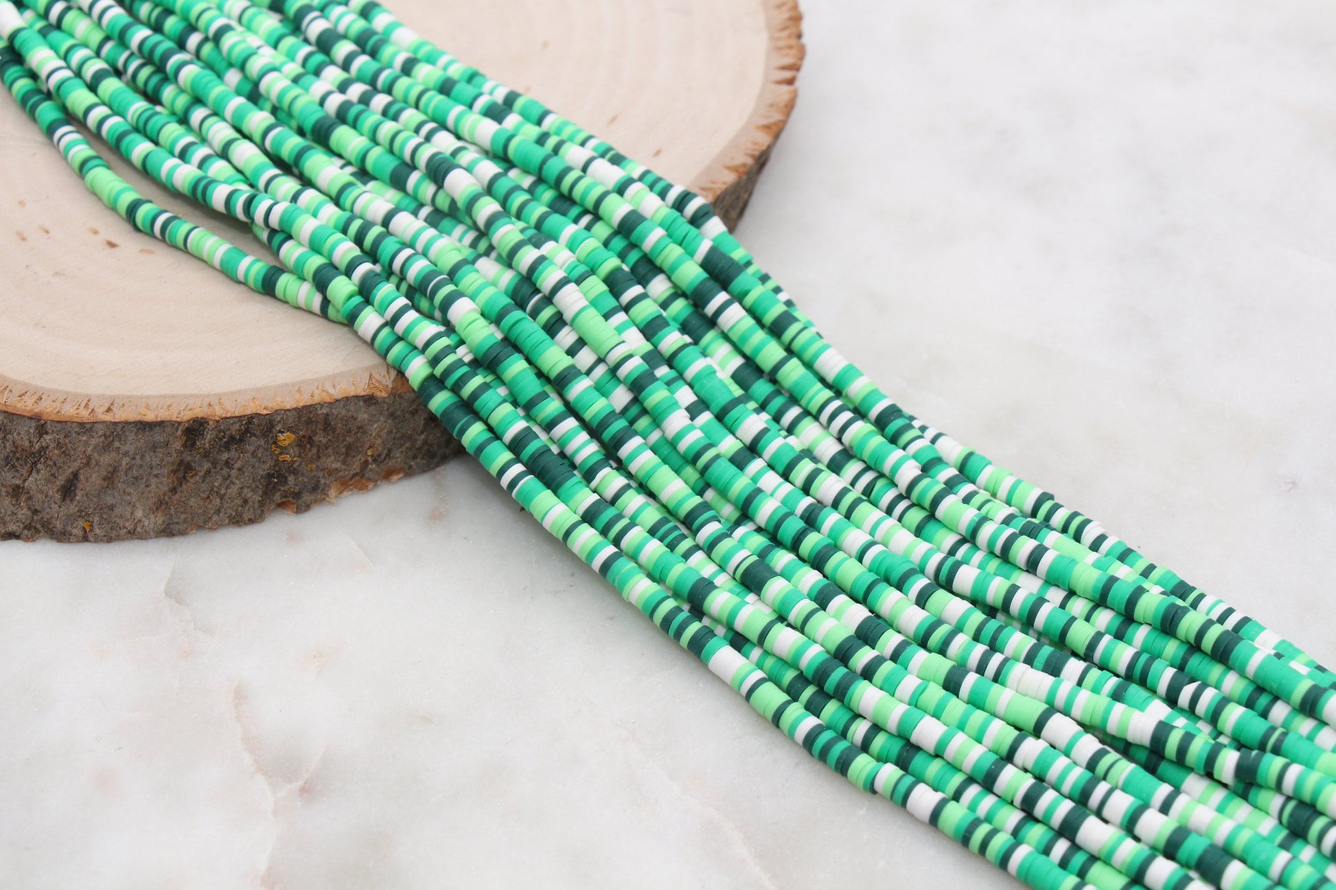 4mm Green and White Mix Heishi Beads, Green Mix Polymer Clay Disc Beads, African Disc Beads, Vinyl Heishi, Full Strand #534