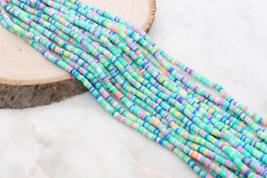 4mm Mix Heishi Beads, Blue Pink and Green Mix Polymer Clay Disc Beads, African Disc Beads, Vinyl Heishi, Full Strand #536