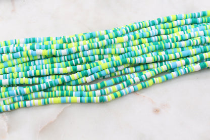 4mm Green Blue and White Mix Heishi Beads, Multicolor Polymer Clay Disc Beads, African Disc Beads, Vinyl Heishi, Full Strand #539