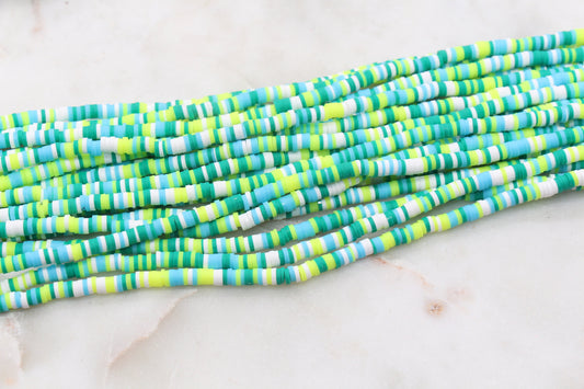 4mm Green Blue and White Mix Heishi Beads, Multicolor Polymer Clay Disc Beads, African Disc Beads, Vinyl Heishi, Full Strand #539