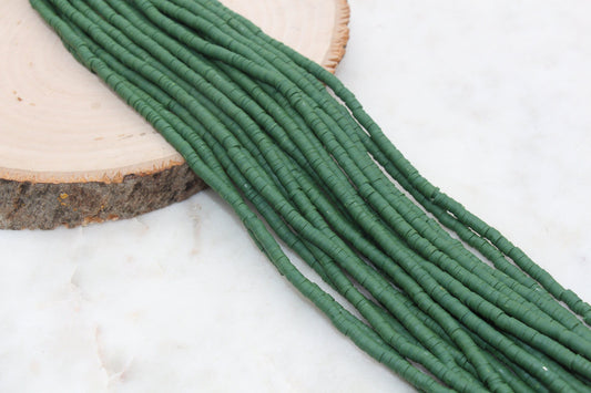 4mm Hunter Green Heishi Beads, Green Polymer Clay Disc Beads, African Disc Beads, Vinyl Heishi, Full Strand #573